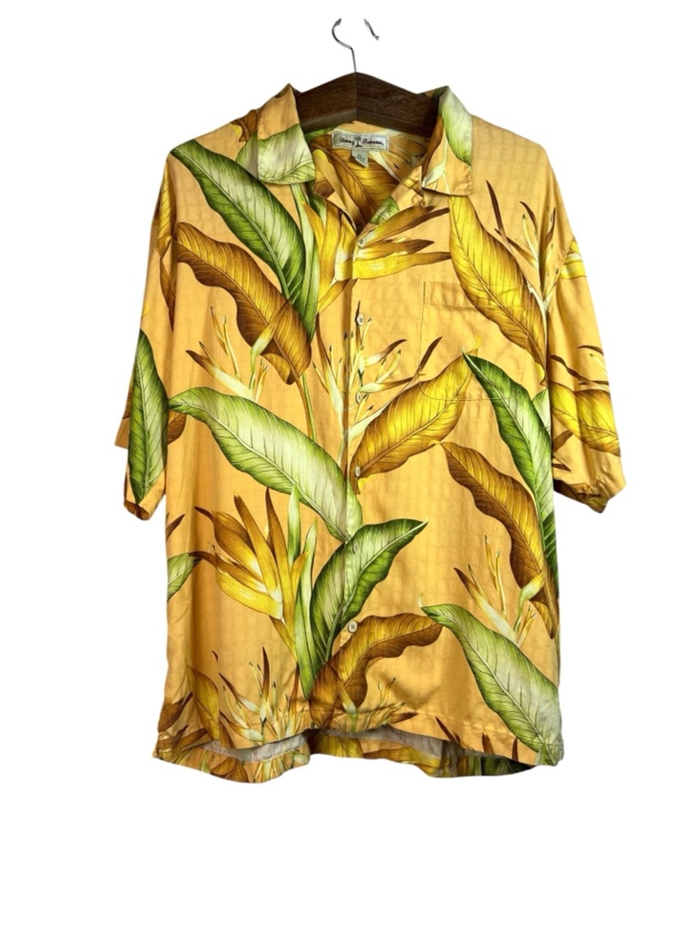 Tommy Bahama Shirt Mens Yellow Hawaiian Buttons Up Short Sleeve Floral Silk XL